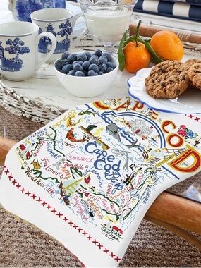 Cape Cod Decorative Kitchen Tea Towel - White with Multicolor Map Print